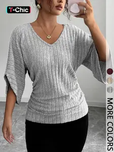 Women's 1pc Solid Color Ribbed Batwing Sleeve V-Neck Basic Fitted Tee, Soft Stretchy Knit Fabric, Relaxed Silhouette and Curved Hem Detail Batwing Top, Casual, Spring