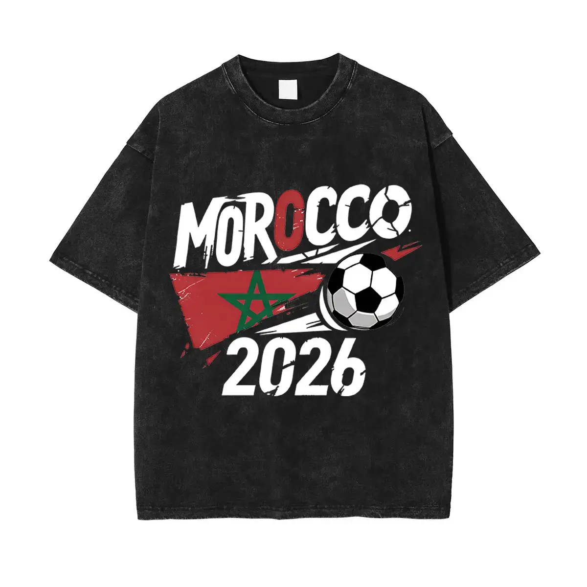 Men's Morocco 2026 Graphic Short-Sleeve T-Shirt - Oversized Vintage Washed Cotton Crewneck, Casual Streetwear Menswear Tops, Shortsleeve, Crew Neck