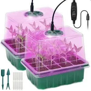 Seed Starter Tray - 2 Pcs Plant Propagation Station with Grow Light, Timing Controller, Mini Greenhouse Kit with Humidity Domes & Base