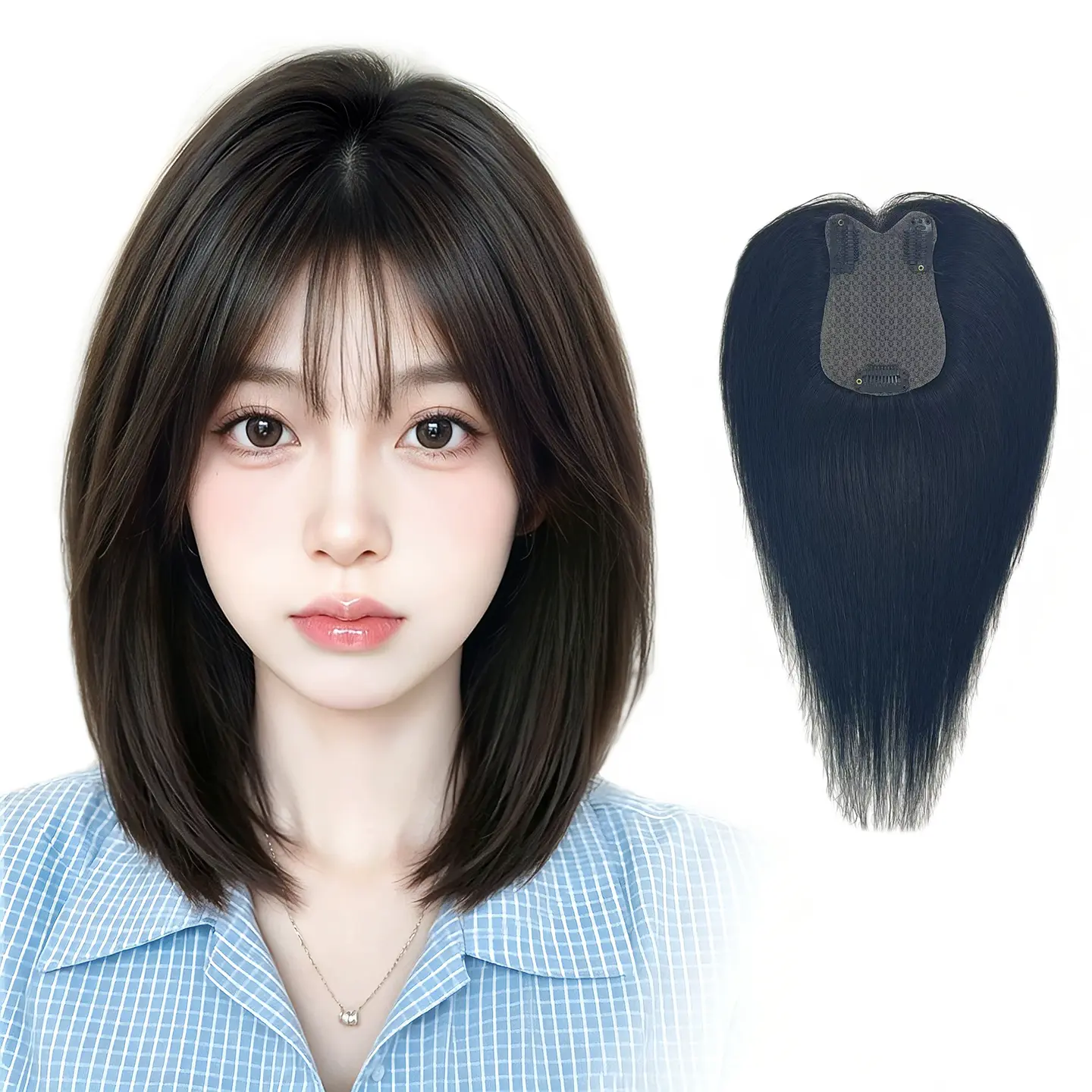 Real Human Hair Topper with Bangs – High Root Lift Volumizing Cover Gray Lightweight Invisible Natural Look for Women