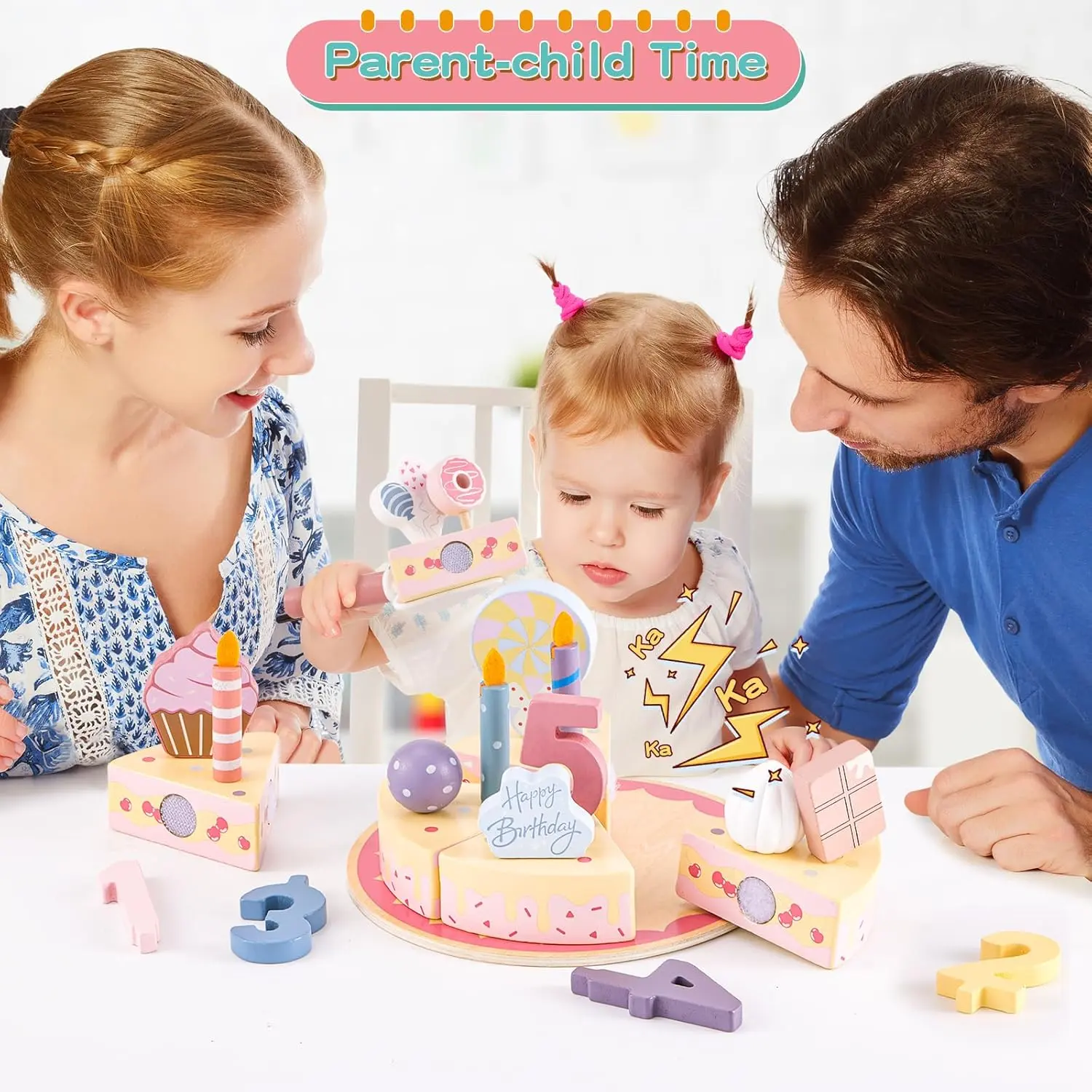 Zrunbo Wooden Birthday Cake Toy Set for Kids Play Kitchen Toy with Sliceable Cake Educational Pretend Play Gift for Boys Girls