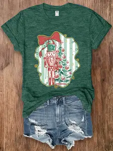 Women's Christmas Short Sleeve Fitted T-Shirts - Nutcracker Soldier, Bow & Christmas Tree Prints, Multi-Color Tops (Pink/Blue/Green/Purple/Dark Green), Soft Comfortable for Vacation & Outings, Ideal Holiday Gifts