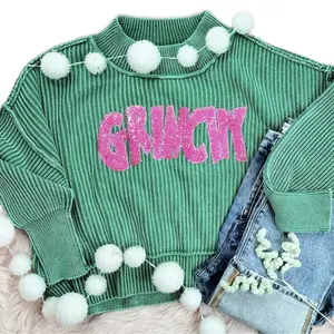 Zenana Oversized Cropped Sweater with Pink Sequin Grinchy Patch