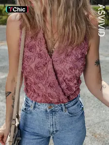 Women's Casual Elegant Solid Color Heavyweight Floral Textured V-Neck Wrap Sleeveless Bodysuit for Summer