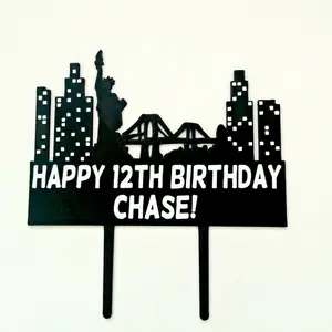 New York City Skyline Cake Topper - Black Cake Topper with "HAPPY 12TH BIRTHDAY CHASE!" Design, Ideal Gift for Celebrations