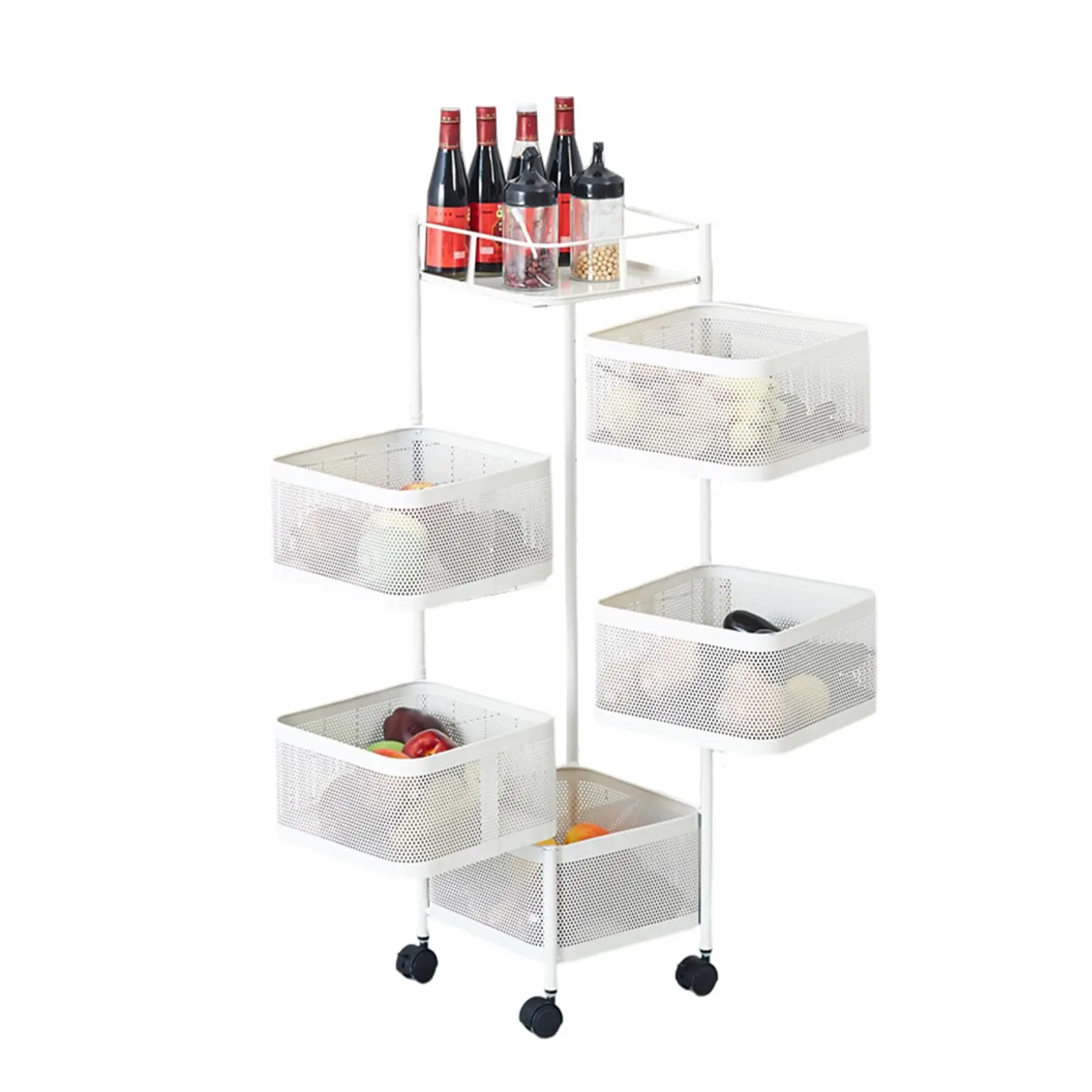 GARVEE 5-Tier Kitchen Storage Cart, Fruit and Vegetable Basket Rotating Storage Rack, Rolling Snack Cart, Metal Rolling Carts with Wheels for Fruit, Potato,Vegetable, Snack,White