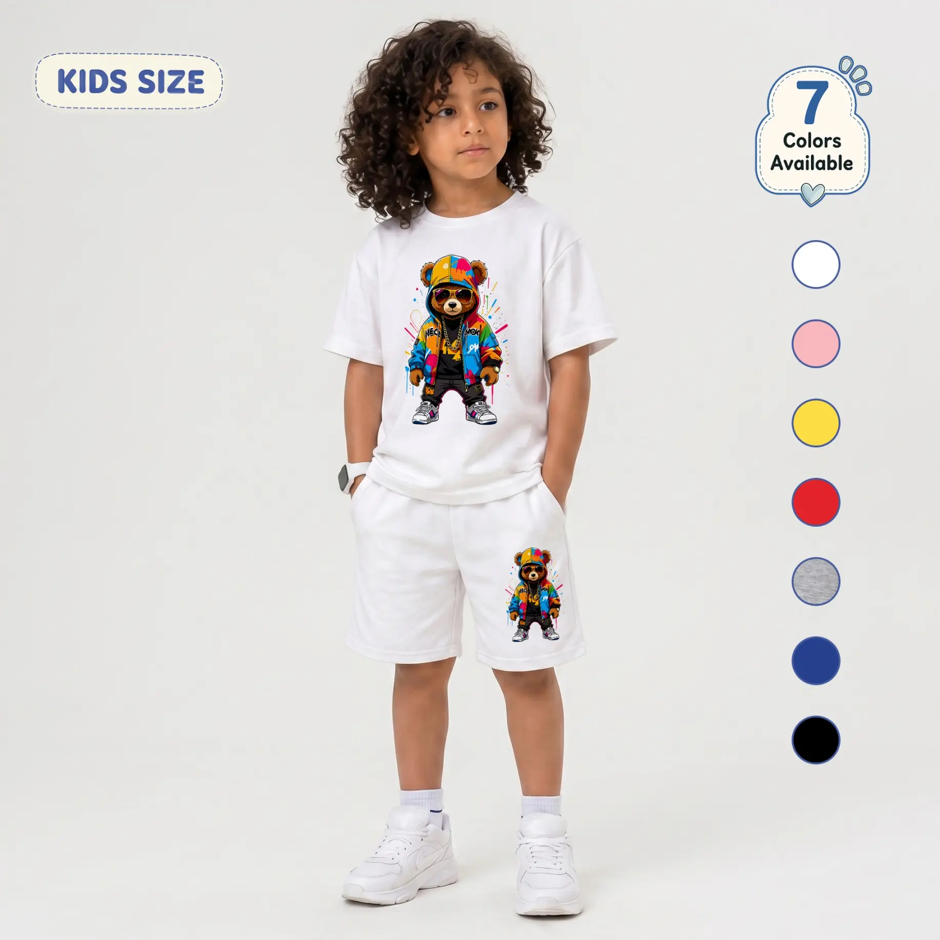 Children's Street Style Teddy Bear Print Short-Sleeve T-Shirt And Shorts Set, Casual Summer Two-Piece Outfit With Crew Neck Top And Elastic Waist Shorts For Daily Wear And Outdoor Play