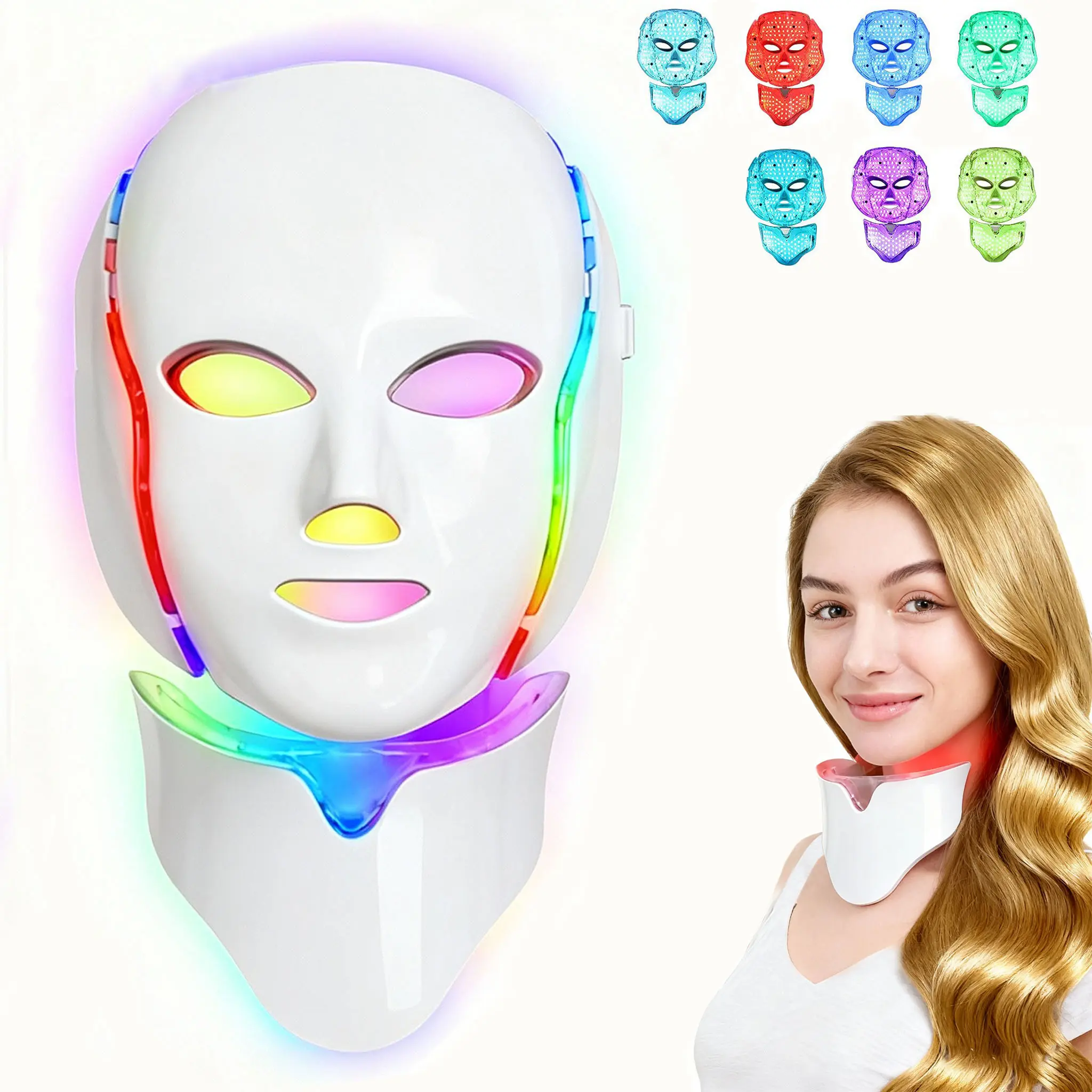 7 in 1 7 Color LED Light Therapy Facial Beauty Machine, Anti-Aging, Acne Care, Skin Rejuvenation, Remote Control, Comfortable Fit, Home Spa Gift