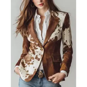 Retro cowhide printed eco-friendly suede sports jacket | Women's western cowhide leather jacket | Sustainable cowhide printed jacketGift