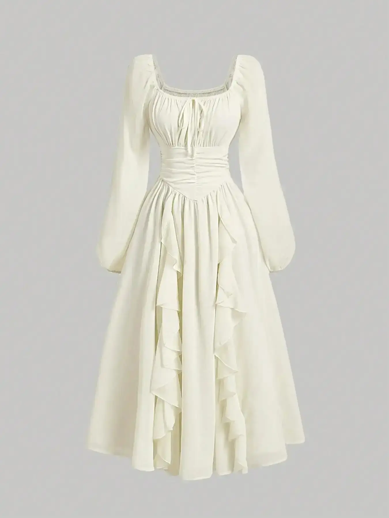Women's Stunning Ruffled Lantern Sleeve Long Cute Slim Dress, Formal Elegant Autumn Wedding Guest Renaissance Style Back-To-School Graduation Gown,milkmaid dress,misty white Dresses, elegant silhouette, timeless appeal