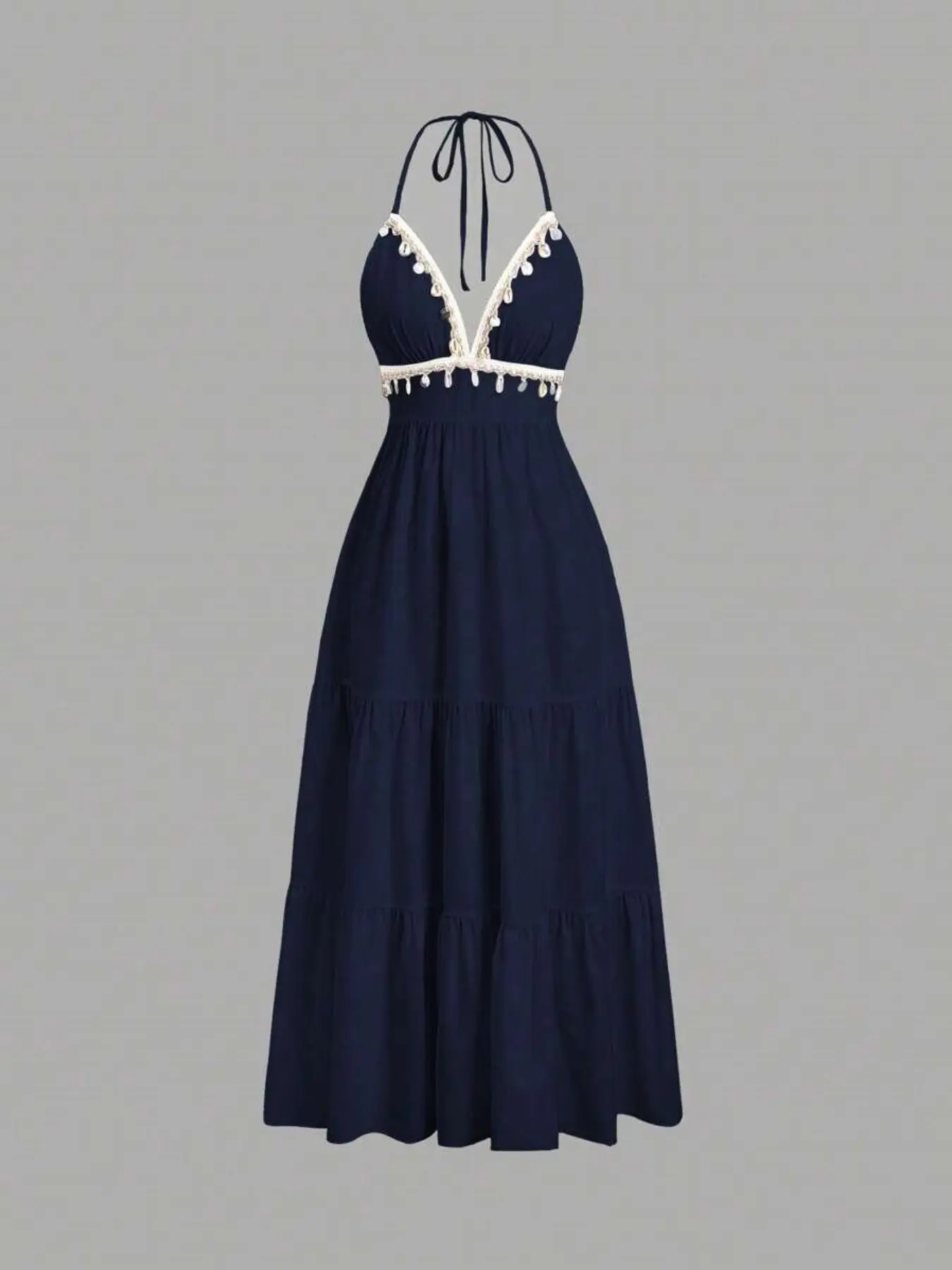Women's Shell Decorated Tie Waist Midi Dress, Flared Dress, Elegant Long Sleeve A-Line Skirt, Perfect for Casual & Formal Occasions, Womenswear, Evening Party Dresses