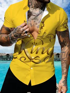Yellow Short Sleeve Collared Tropical Shirt, Men's Printed King Pattern Casual Shirt, Trendy Fashion Style, Summer Men's Wear