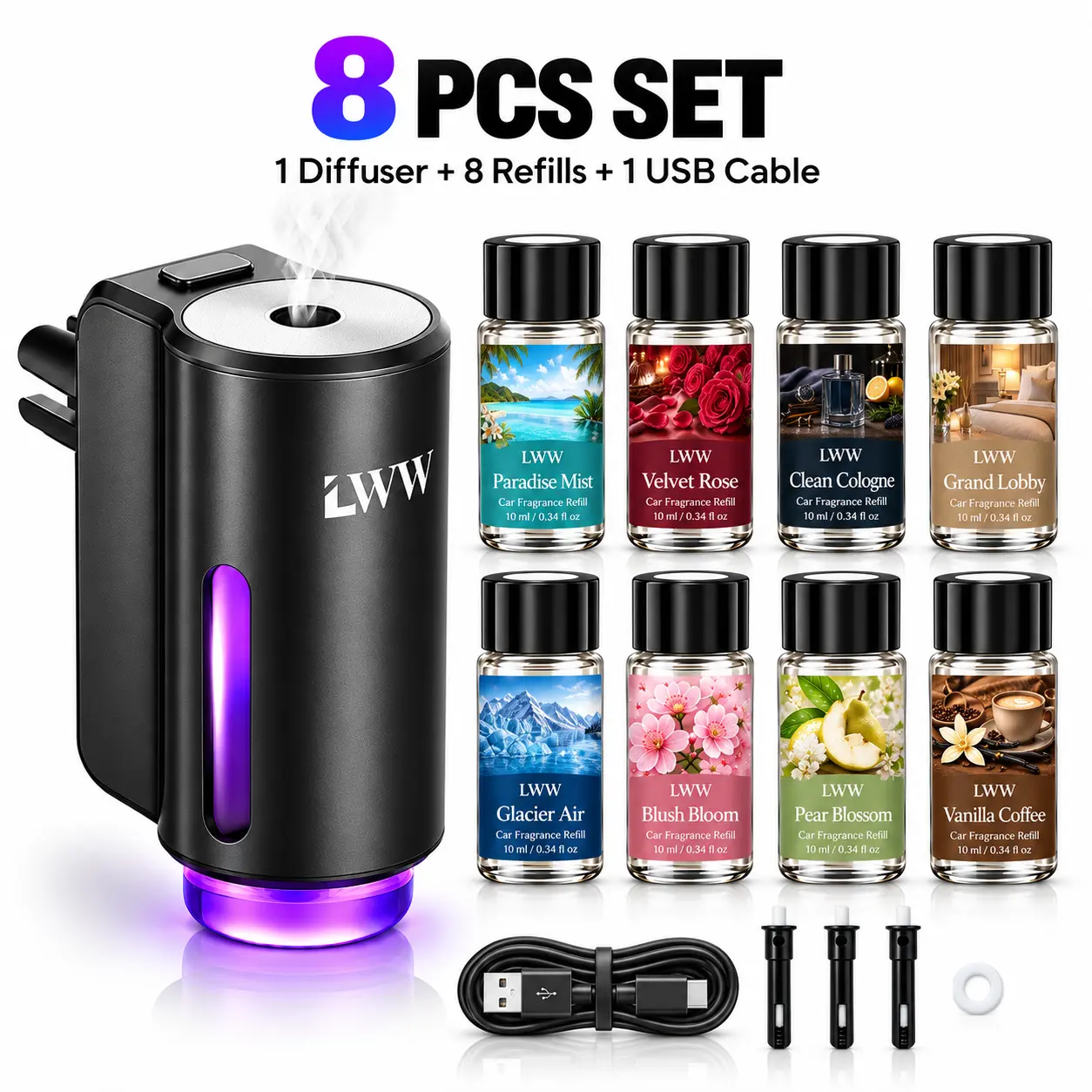 LWW Rechargeable Car Aroma Diffuser Set - 1×Car Diffuser, Waterless Vent Clip Car Scent Accessories, 8×10mL Woody Fragrance Refills, 3 Adjustable Scent Levels, 0.74Wh Batteries Included Automotive Interior Accessory