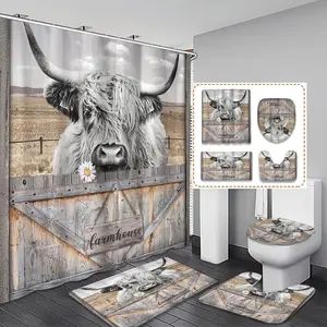 Vintage Farm Style Shower Curtain Set, Creative Highland Cow, Wood Grain Fence & Flowers, Includes 12 Hooks, Bathroom Decor, Holiday Gift