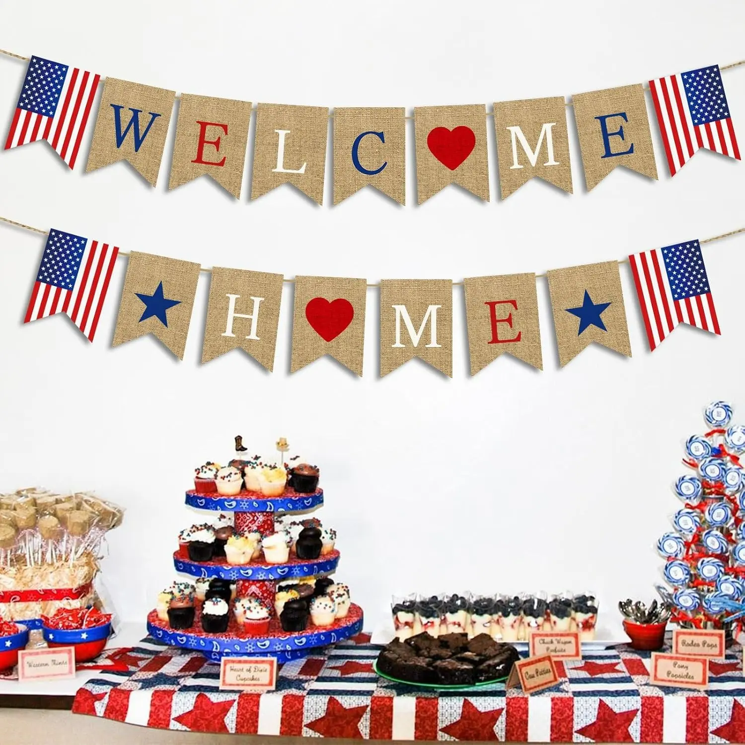 Pre-Strung Welcome Home Banner, Burlap Patriotic Welcome Home Decorations for Army Navy Marines Air Force Homecoming Decoration