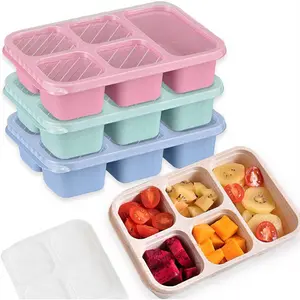 4 Pack Large Capacity Bento Box, 4/5 Compartment Leakproof Lunch Container with Lid, Sauce Box & Cutlery, Reusable Food Grade Stackable Lunch Box for Adults, Kids, School, Work, Travel & Picnic.