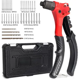 Rivet Gun, Pop Rivet Tool Kit with 200 Rivets and 4 Drill Bits, Manual Hand Riveter Kit with Rugged Carrying Case