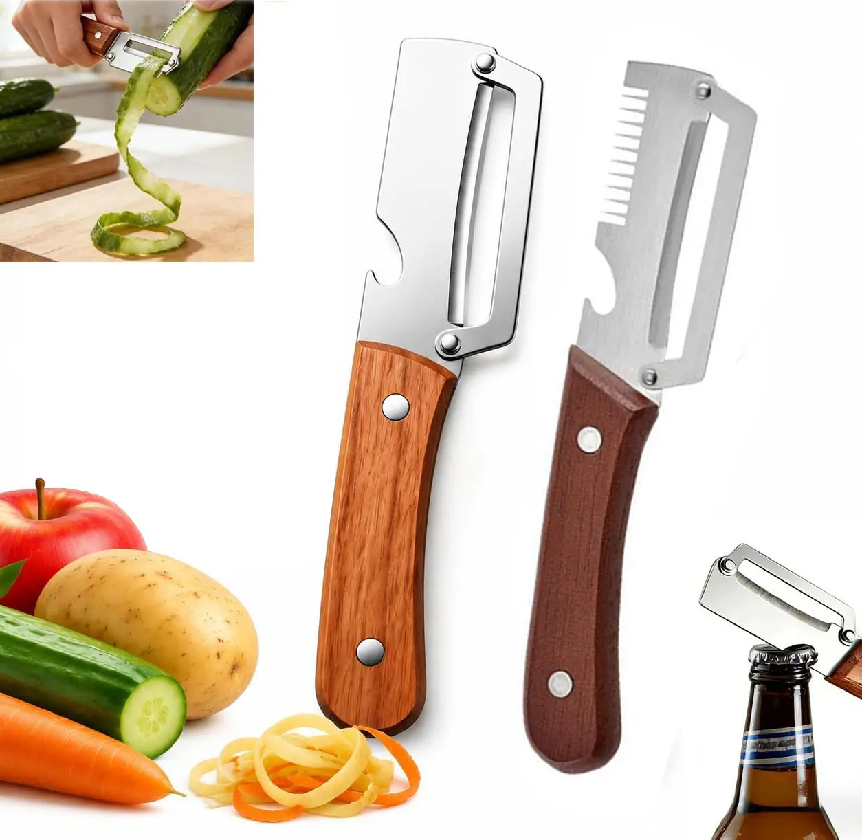 Multi-Functional Vegetable Peeler And Slicer With Bottle Opener, Featuring A Peeler And Slicer With A Wooden Handle, Suitable For Peeling And Slicing Vegetables And Fruits In The Home Kitchen.