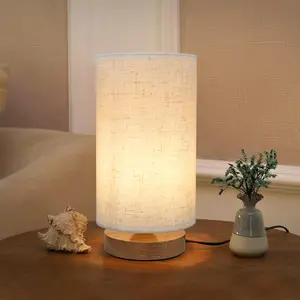 Minimalist Small Bedside Night Table Lamp with Round Fabric Linen Shade, Study Reading Desk Lamp for Bedroom Kids Room Living Room College Dorm Home Office