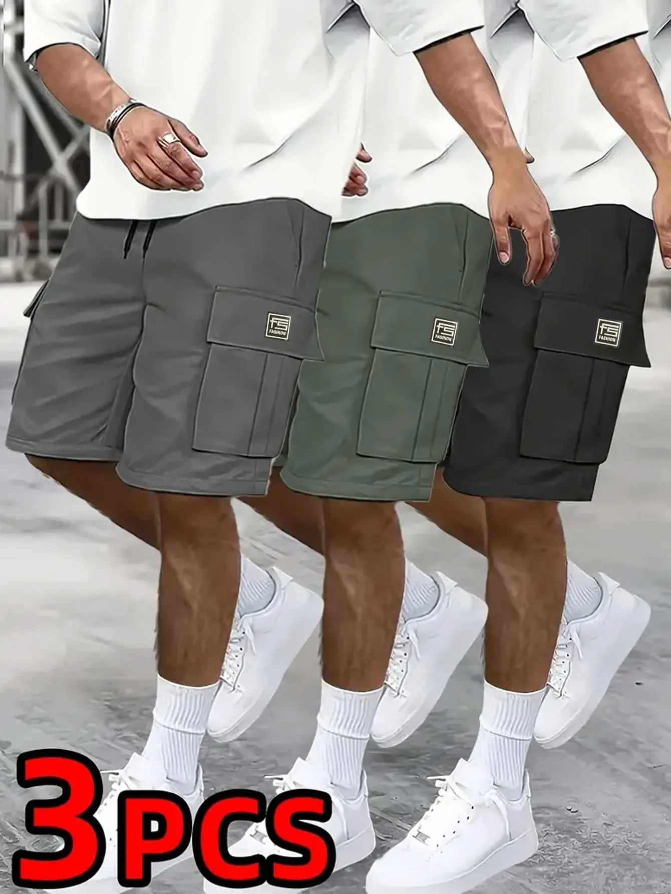 Men’s cargo shorts with three pockets and a drawstring waist, street-style design with a classic workwear silhouette. Large side patch pockets add practical storage, while a square chest patch adds trendy details. The drawstring waistband offers a casual,