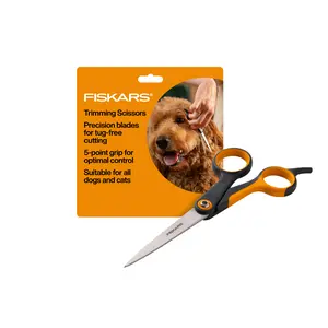 Fiskars Pet Trimming Scissors with Precision Sharpened Blades 5-Point Grip for Efficient Grooming of Medium to Long Coats for Dogs & Cats