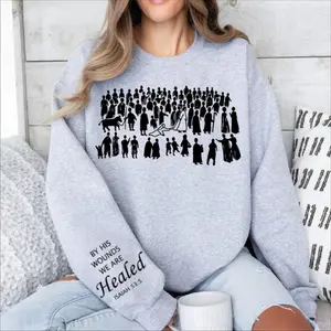 Woman Touches Jesus Sweatshirt, Christian Line Art Pullover, Faith-Based Graphic Crewneck, Religious Gift Shirt