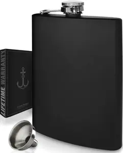Matte Black Hip Flask for Liquor - Alcohol Flask for Men or Women - 304 Stainless Steel - Laser Welded Seams - Drinking Flask for Whiskey Alcohol or Bourbon Flask (8 Ounce, Includes Funnel) Future Hydrate