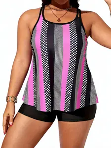 Women's Curvy Plus Size Tankini Swim Set 2026, Tummy Control Striped Bathing Suit with Buttery Soft Shorts, Flattering Swimsuits for Waist Shaping