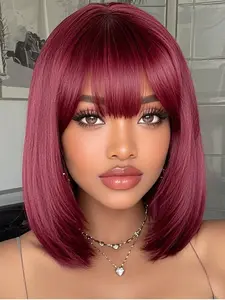 4x4 Glueless Wig 99J Layered Straight Bob Wig Lace Front Bobs Pre-Cut Lace HD Lace Human Hair Wig with Bangs No Glue Wig Wear&Go Glueless HD Wigs