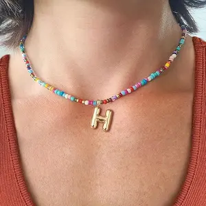 Colorful Bubble Initial Letter Necklaces for Women Beaded Necklace Dainty Cute Beach Boho Necklace Trendy Choker Necklace Gift
