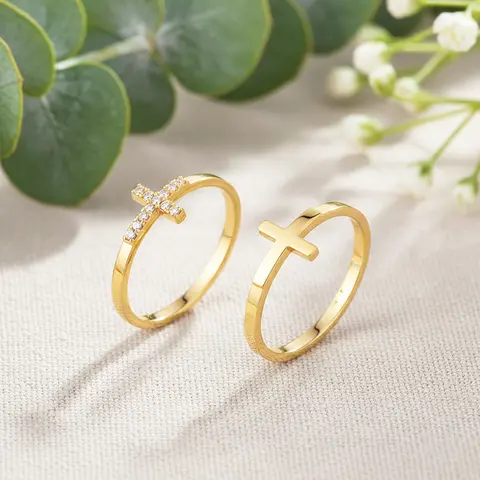 Women's 14K Gold Plated Cross Ring Set - Elegant Female Gold Ring Stack, Dainty Stackable Narrow Hypoallergenic Tarnish-Free CZ Jewelry, Thumb/Finger Wear, Birthday Gift, Sizes 6-9