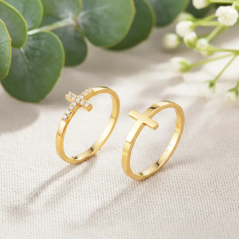 Women's 14K Gold Plated Cross Ring Set - Elegant Female Gold Ring Stack, Dainty Stackable Narrow Hypoallergenic Tarnish-Free CZ Jewelry, Thumb/Finger Wear, Birthday Gift, Sizes 6-9