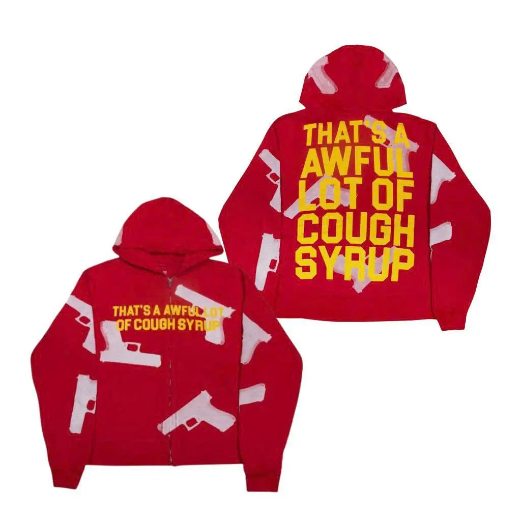 Red Graphic Zip Up Hoodie for Men & Women, Streetwear Hooded Sweatshirt with Bold Letter Print, Casual Oversized Jacket for Daily Wear