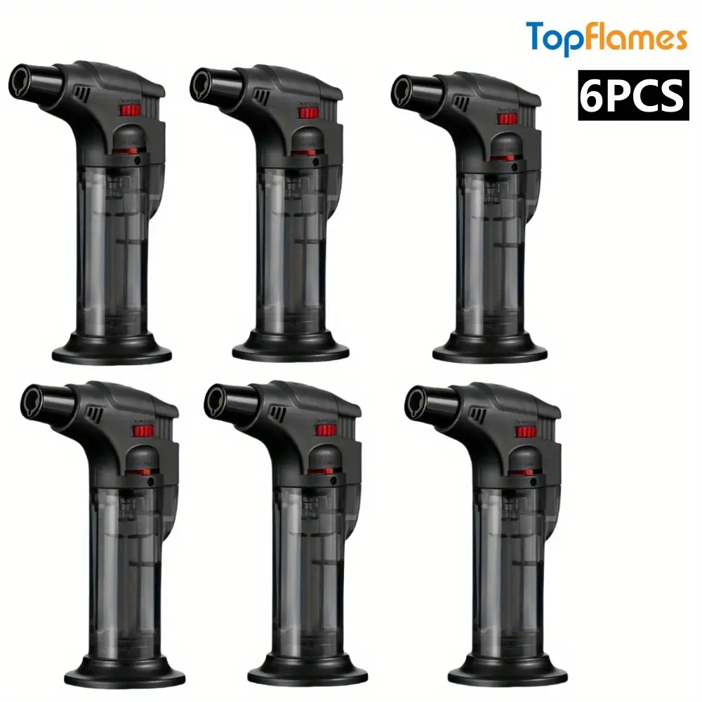 6pcs Refillable Butane Torch Lighter with Jet Flame - Heavy-Duty Portable Blow Torch with Heavy-Duty Heat, Metal Body, Adjustable Flame, Camping Accessories, Compatible with Cans (Fuel Not Included) for Car Interior Decoration, Cooking, Decor, Refillable