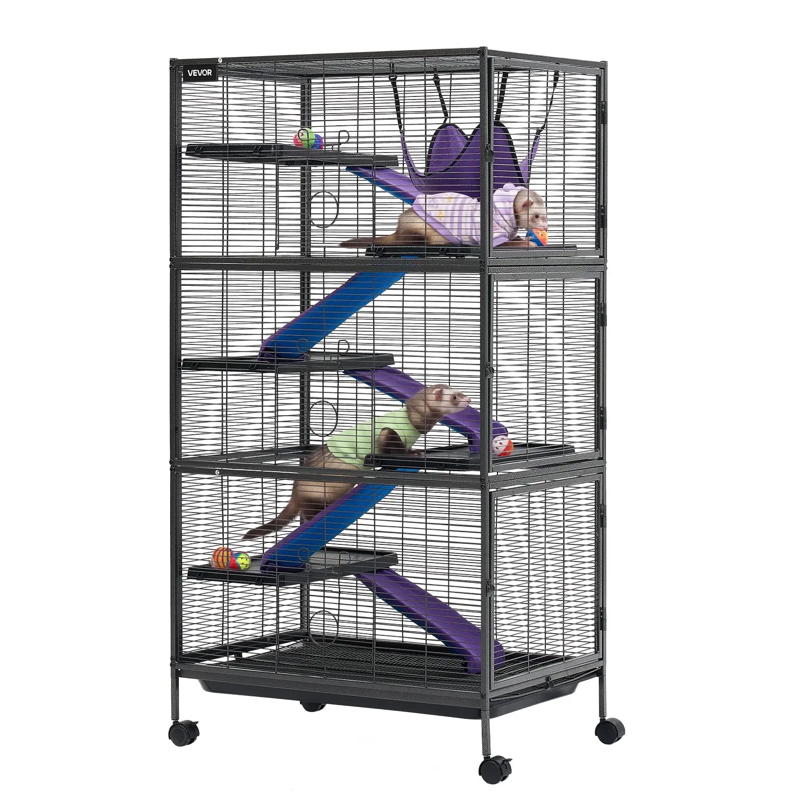 VEVOR Metal Small Animal Cage 58.7"H 6-Tier Rolling Ferret Cage On Wheels, 0.55" Wire Spacing Large Cages with Hammock, Ramps, Tray & Doors for Ferret, Chinchilla, Sugar Glider, Guinea Pig & Rabbit