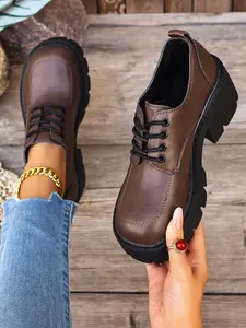 Women's Fashion British Style Classic Thick Sole Rubber Leather Loafers, Vintage Lacing Design, Perfect for Casual Wear, Height Boosting Effect, Walking Shoes, Thick Soled Loafers