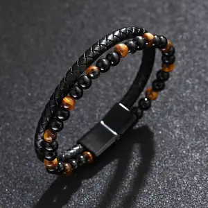 Men's double natural tiger eye stone bracelet, anxiety relief, healthy magnetic therapy bracelet, suitable for men and women