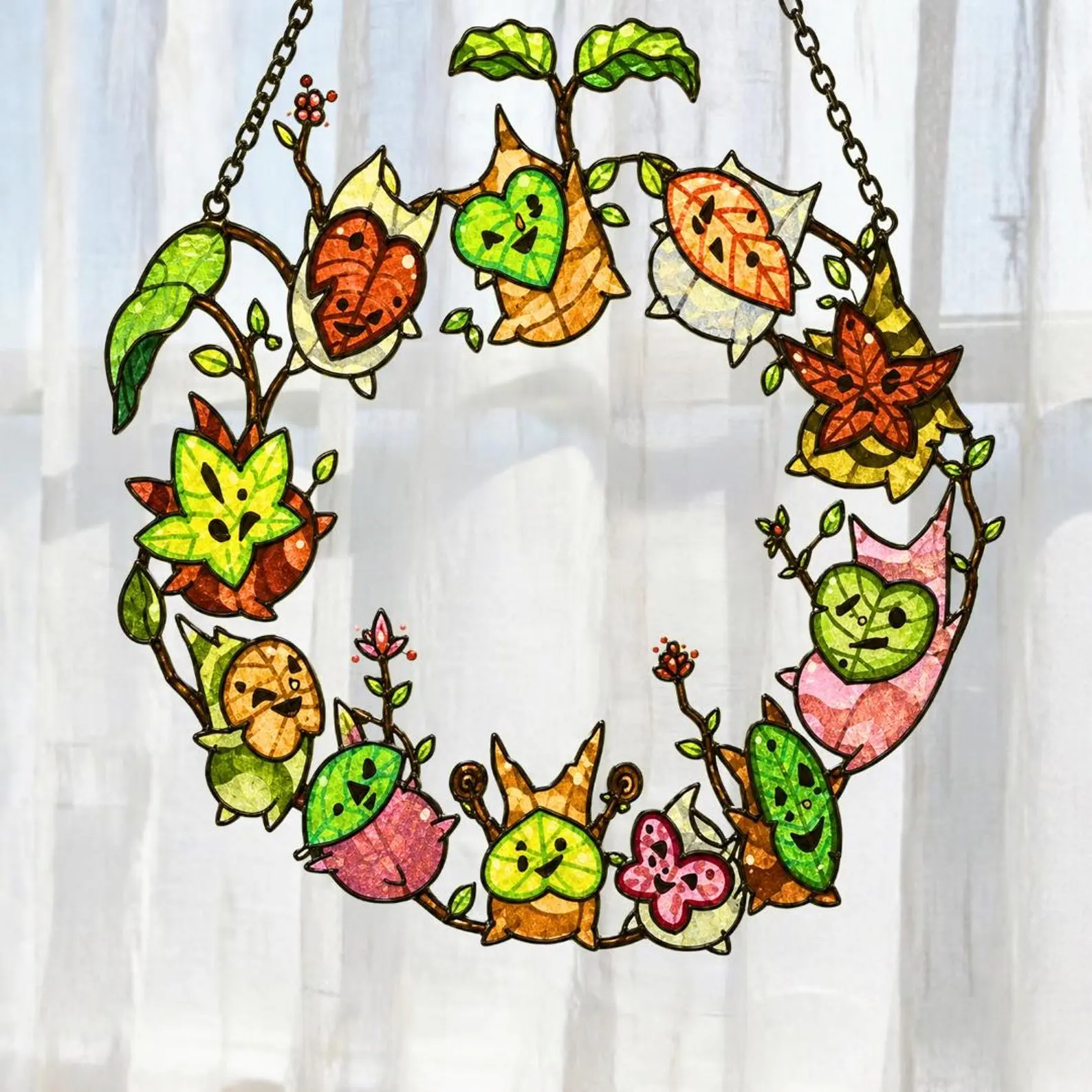 Korok Forest Wreath Suncatcher, Korok Legend Of Zelda Faux Stained Glass Suncatcher, Window Hanging Art, Gaming Room Decor, Cute Geek Gift