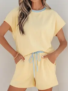 Summer Ready ️ Ribbed Knit 2-Piece Lounge Set - Ultra Soft Contrast Trim Tee & Shorts Set for Cozy Mornings & Casual Outings.