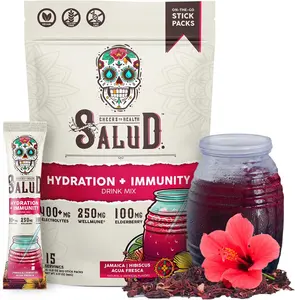Salud 2-in-1 Hydration Packets + Immunity Electrolytes Powder, Hibiscus - Jamaica Agua Fresca Drink Mix, Elderberry, Dairy & Soy Free, Non-GMO, Gluten Free, Vegan, Low Calorie, 1g Sugar Vitamin Healthcare