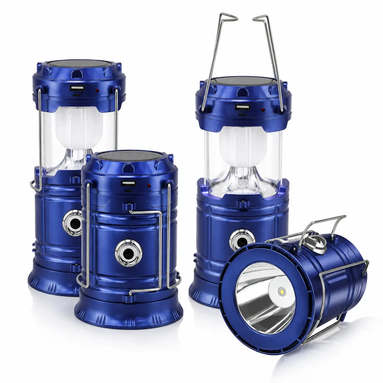 Blue Solar Camping Lantern 4-Pack-Rechargeable  Lights, Magnetic Base & Foldable Hanging Hook- Collapsible Lamp Battery Powered Perfect for Power Outages, Hiking, Emergencies Adjustable Flashlight Adjustable Tactical Flashlight gifts gift set-SummerVibes