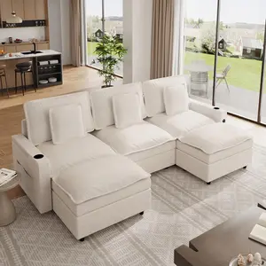 3-Seater Sectional Couches for Living Room, 108 Inch Chenille Modular U Shaped Cloud Couch with Storage Armrest and Movable Ottoman, Charging Station and Cup Holder Included, Beige