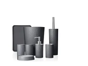 Rosewill Bathroom Accessories 8-Piece Set – Trash Can, Toilet Brush with Holder, Lotion Dispenser, Toothbrush Holder, 2 Toothbrush Cups, Soap Dish & Tray - Gray