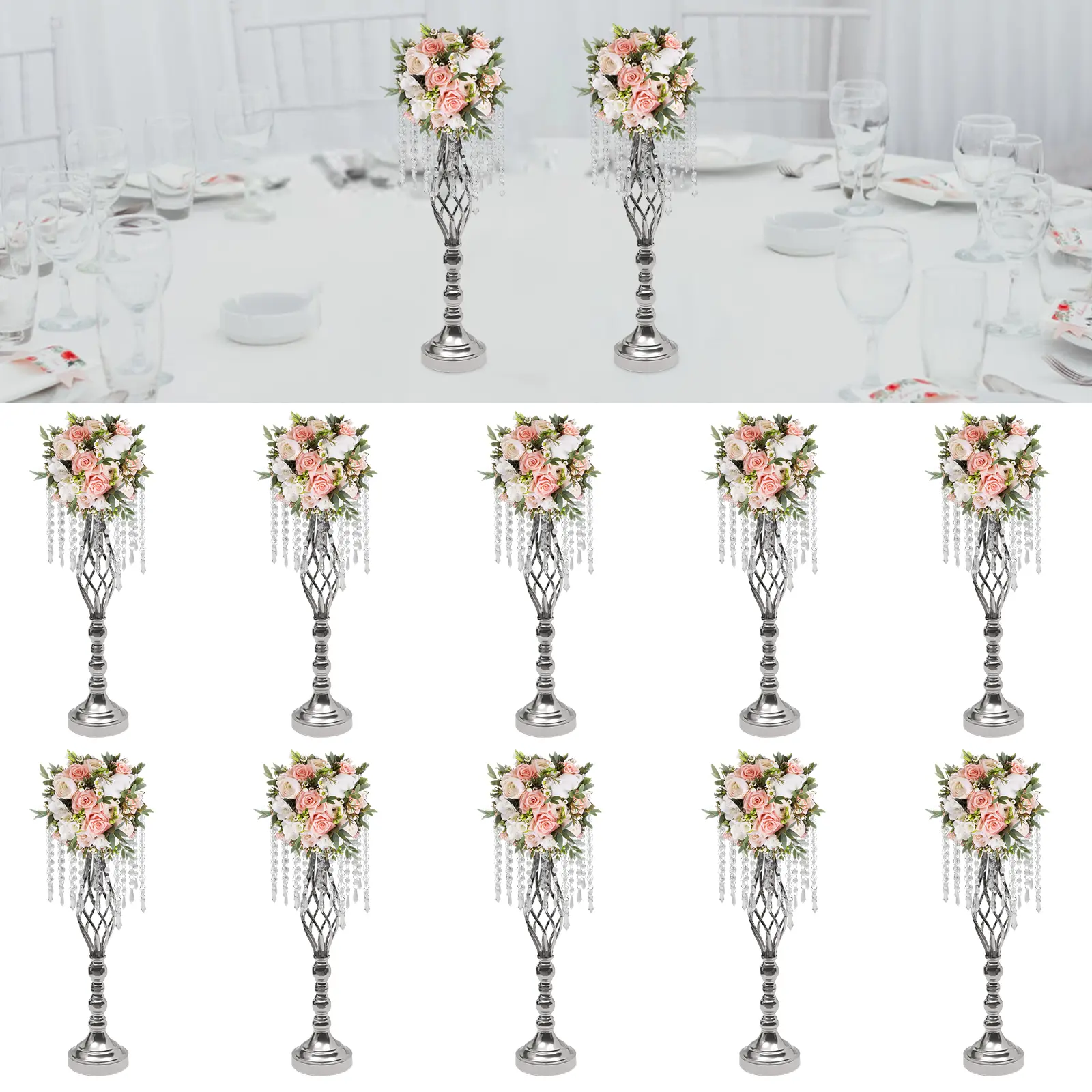 CNCEST 10-Pcs Silver Crystal Floral Ornaments, 21.7in (55cm) Tall Elegant Metal Flower Stand, Wedding Table Centerpieces Tabletop Vase for Home Decor, Party Events, Home Decor Ornaments
