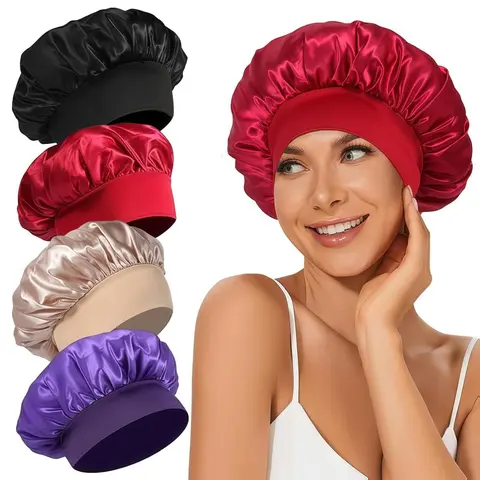 4Pcs Satin Bonnet Silk Bonnet, Hair Bonnet for Sleeping, Elastic Wide Band Silk Sleep Cap, Soft and Breathable (Black Red Purple Gold)