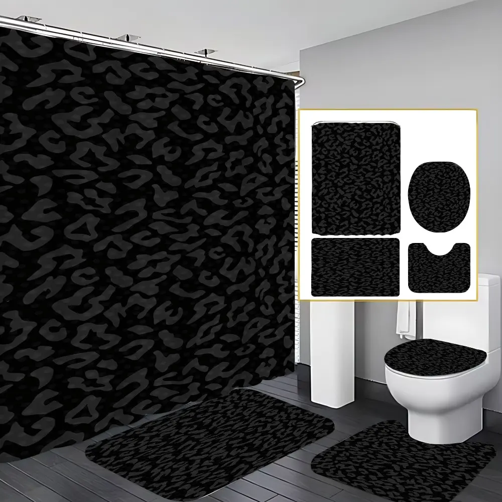 4 Pcs Black Leopard Print Bathroom Curtains Shower Set with 12 Hooks,Dark Cheetah Pattern Large Waterproof Thickened Mildew Proof Bathroom Partition Curtain,Bathroom Shower Curtain,Toilet Lid Cover,Non-Slip Bathroom Rugs and U Shape Bath Mat,Modern Decor