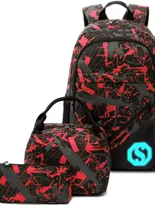 Doodle Style Three-Piece Backpack Set, Large Capacity Multi-Set Shoulder Bag, Trendy Streetwear, Student Party Backpack, Night Glow Markers