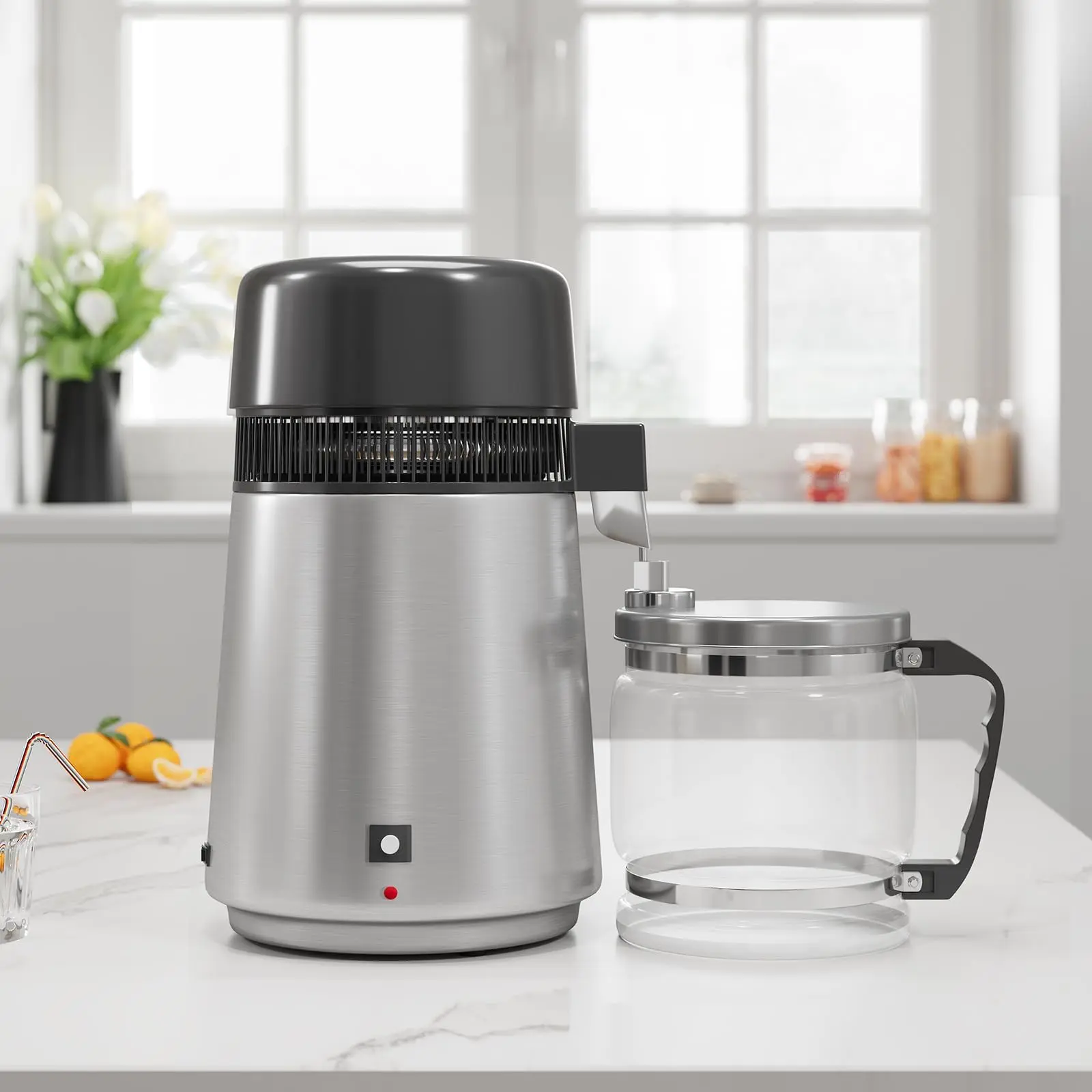 Garvee 1.1 Gal/4L Stainless Steel Countertop Water Distiller with Glass Container, 750W Desktop Drinking Water Purifier and Distilling Kit in Silver Finish