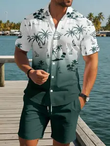 Spring Summer New Casual Set, Gradient Color Tropical Shirt, Drawstring Shorts, Street Style, Men's Vacation, Multiple Sizes
