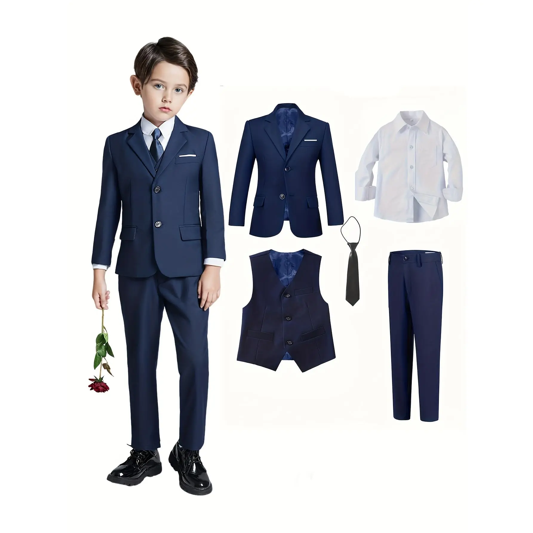 Boys Suit 5 Piece Set Blazer Coat Jacket Vest Shirt Pants Tie for Wedding Birthday Party Performance Graduation Ceremony Teen 3-14 Years Old